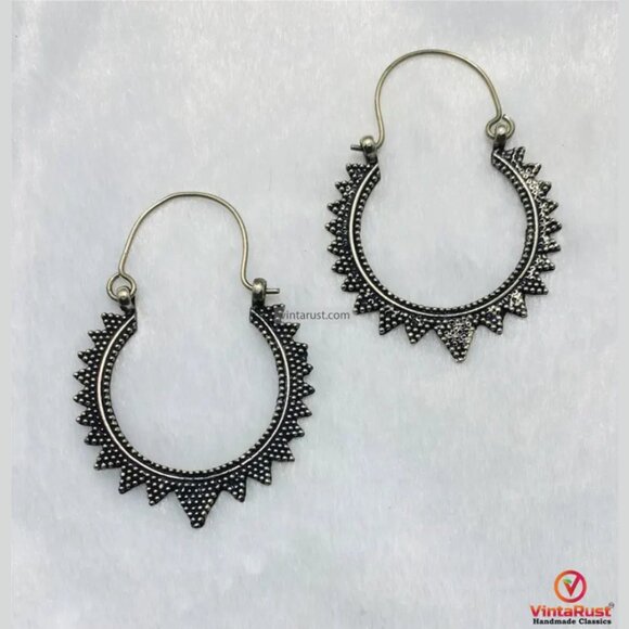 Oxidized Silver Festival Hoop Earrings: Tribal Boho Handmade Hoop Earrings - Picture 1 of 5